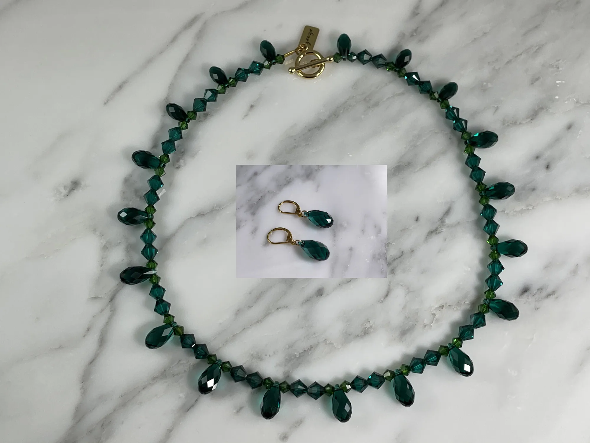 Swarovski Emerald Briolette Necklace and Matching Earrings