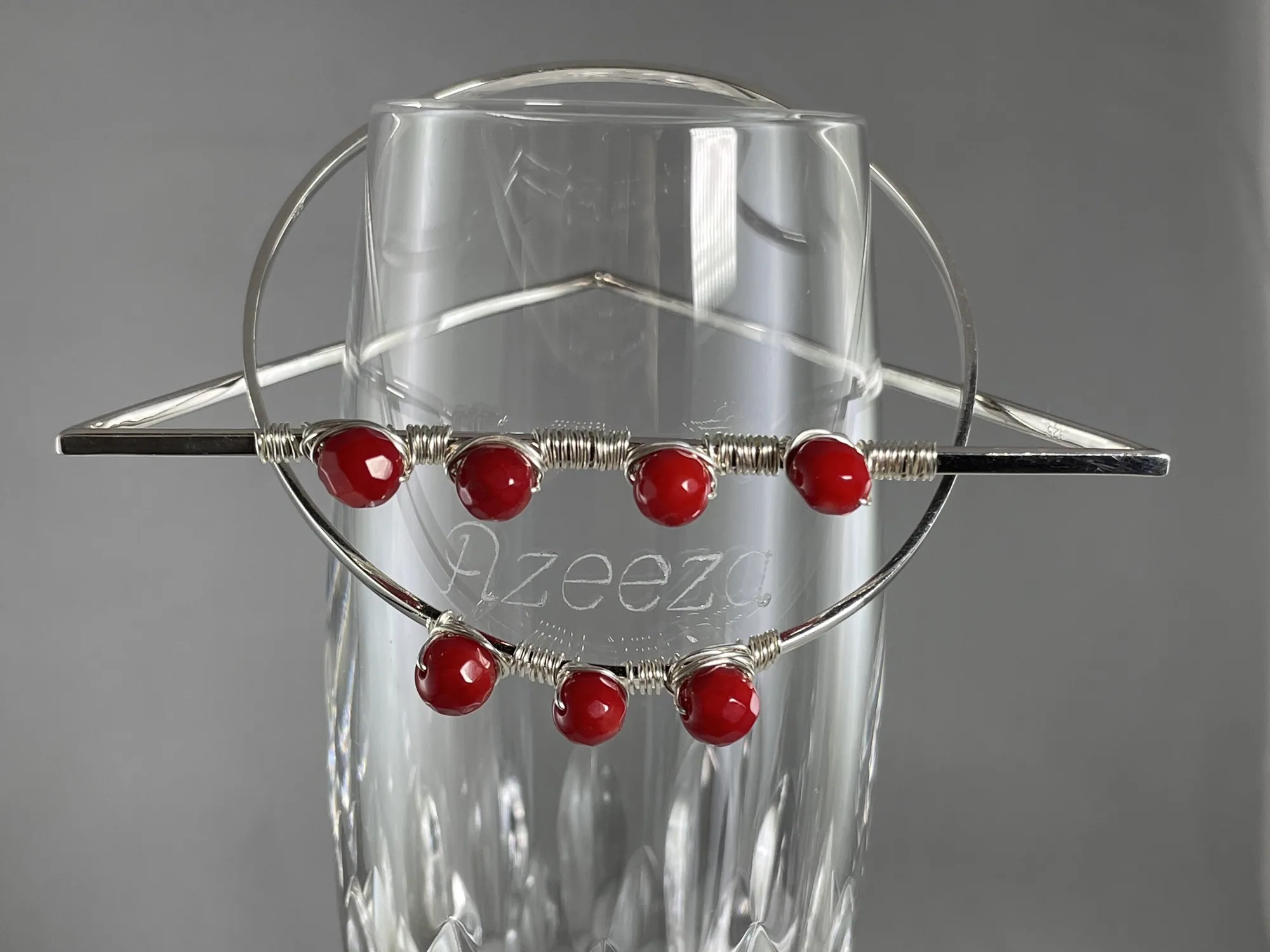 Sterling Silver and Red Coral Triangular Bangle Bracelet Set view 2