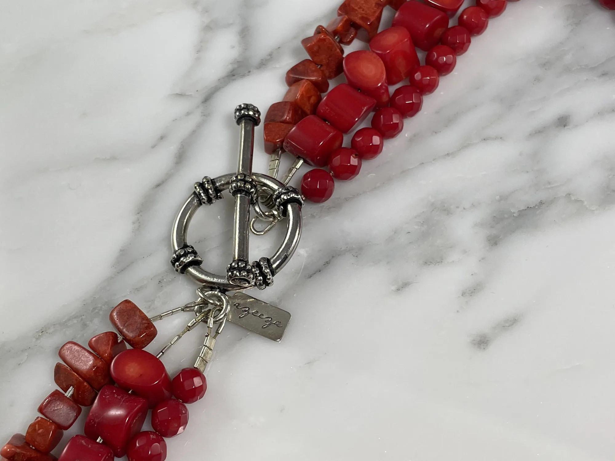 Oxidize Sterling Silver, Triple Strand Coral Necklace view 3