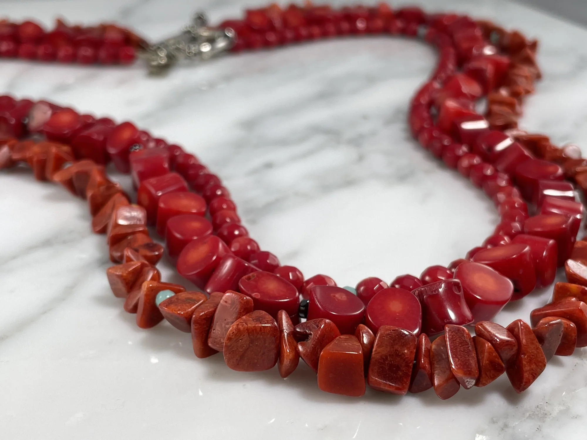 Oxidize Sterling Silver, Triple Strand Coral Necklace view 2