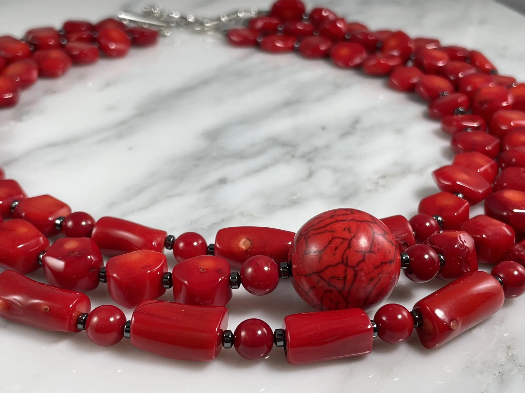 Red Coral and Hematite Necklace view 2