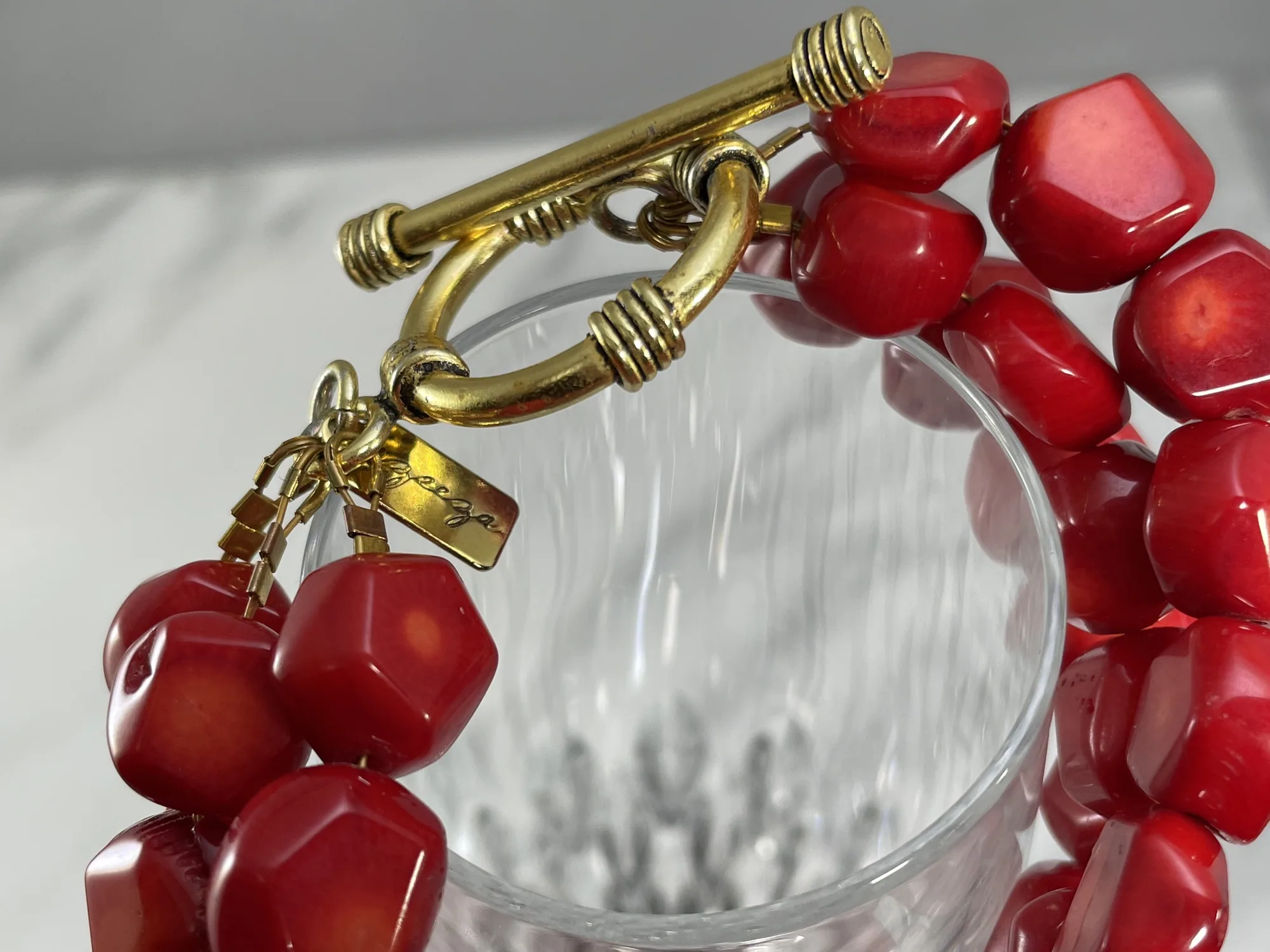 Triple Strand Red Coral Bracelet view 2