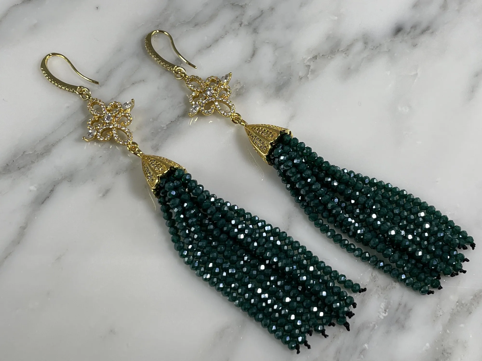 Teal Crystal Tassel Earrings view 2