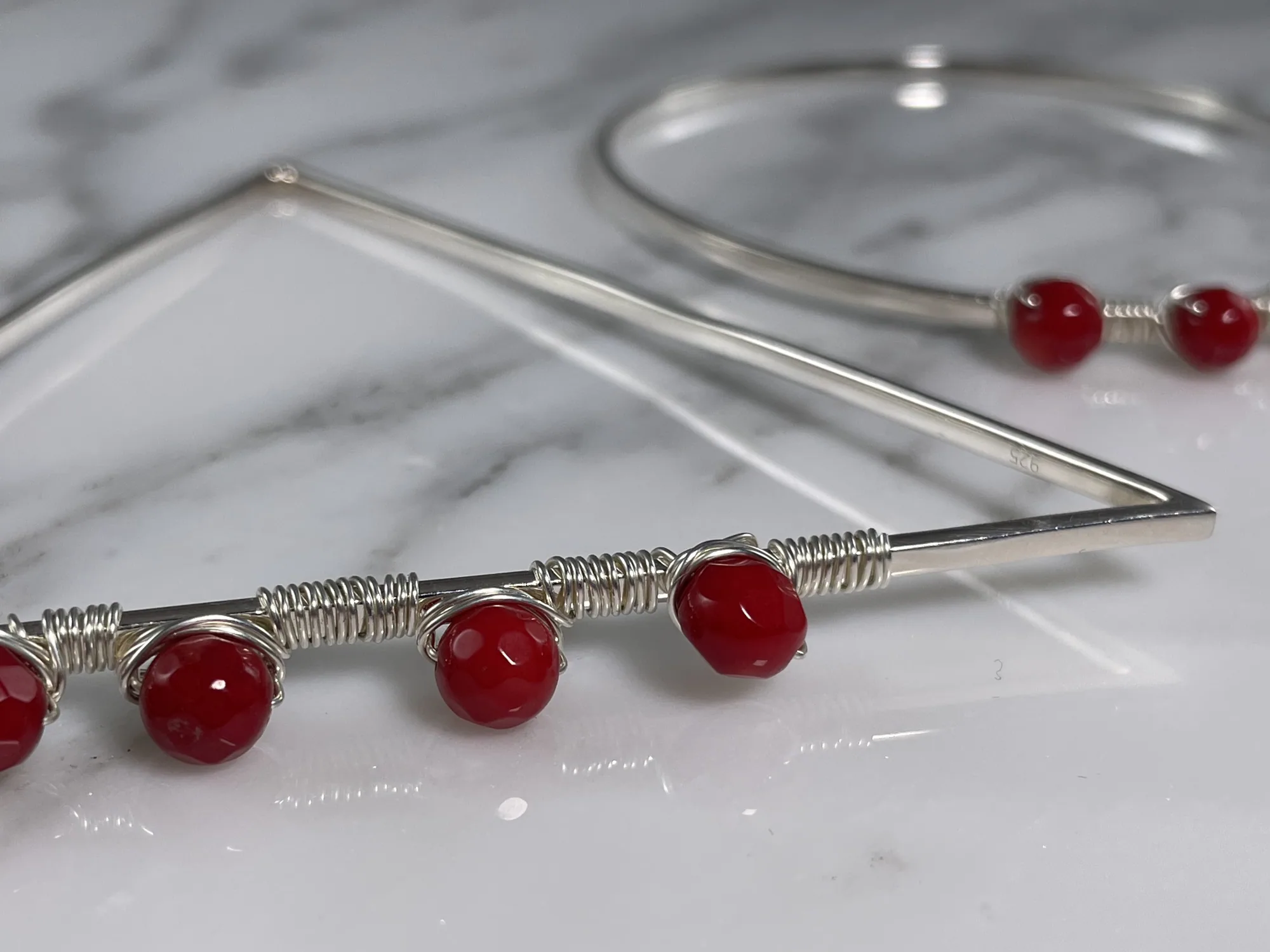 Sterling Silver and Red Coral Triangular Bangle Bracelet Set view 3