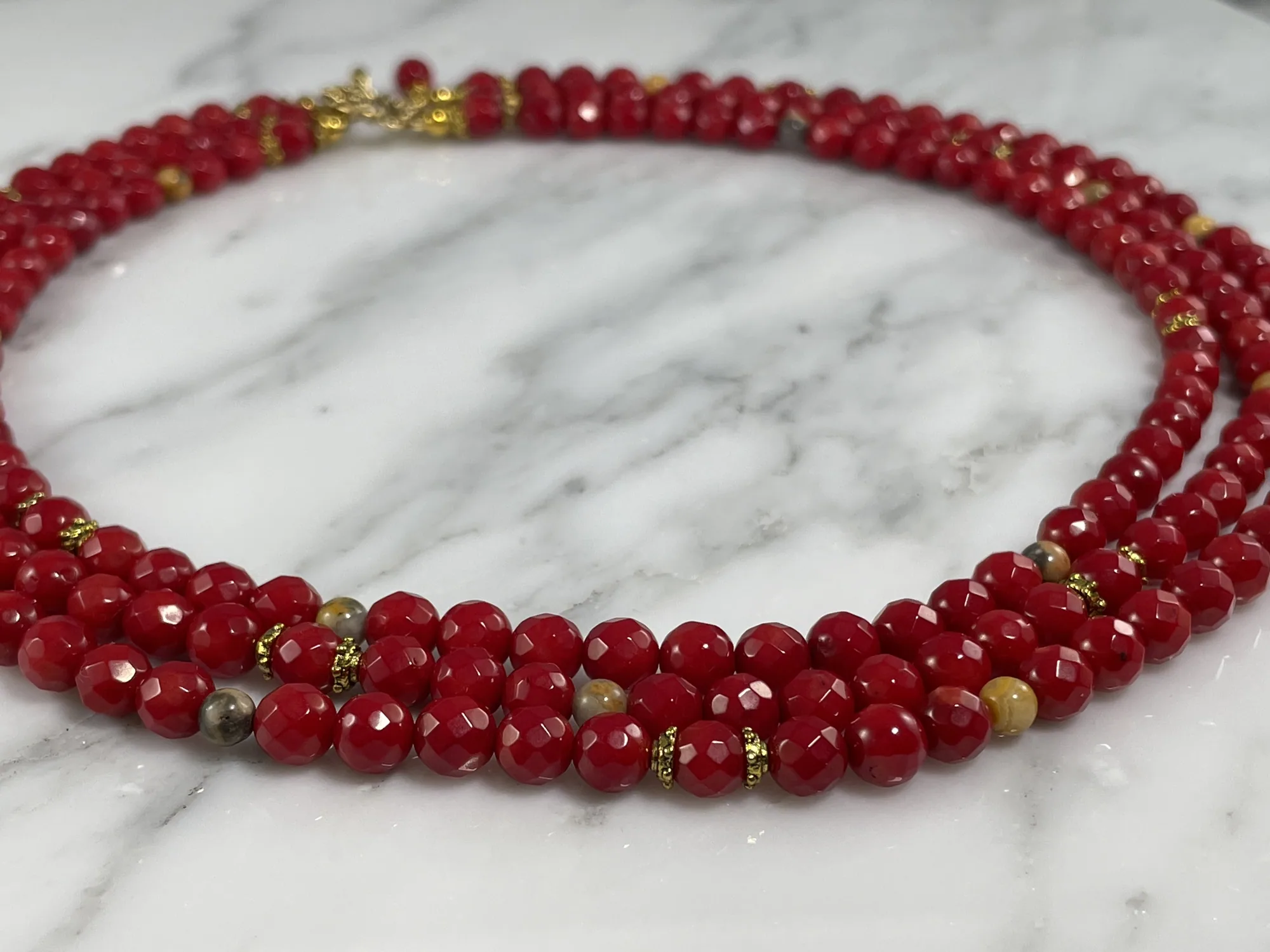 Triple Strand Red Coral Necklace view 2