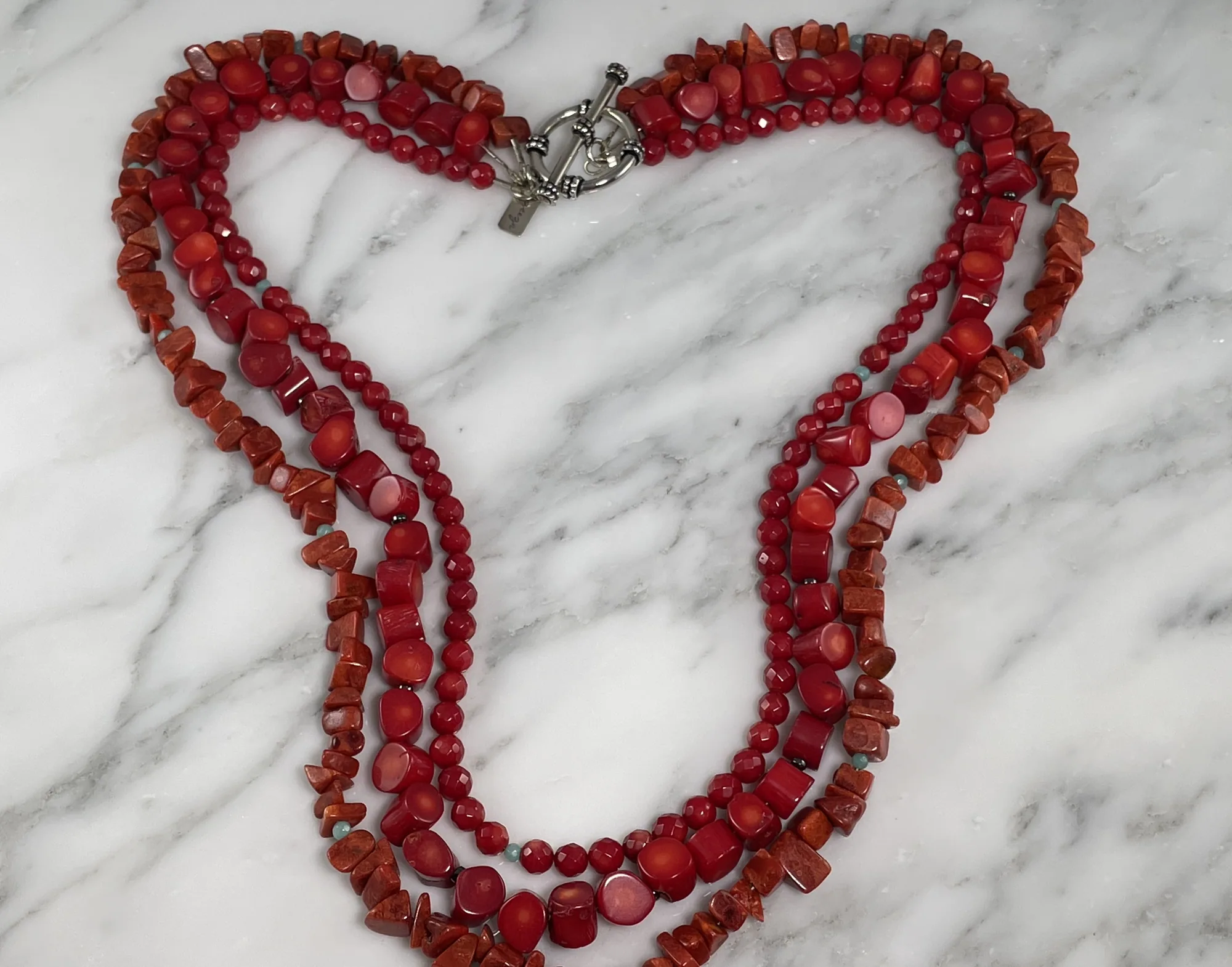 Oxidize Sterling Silver, Triple Strand Coral Necklace
