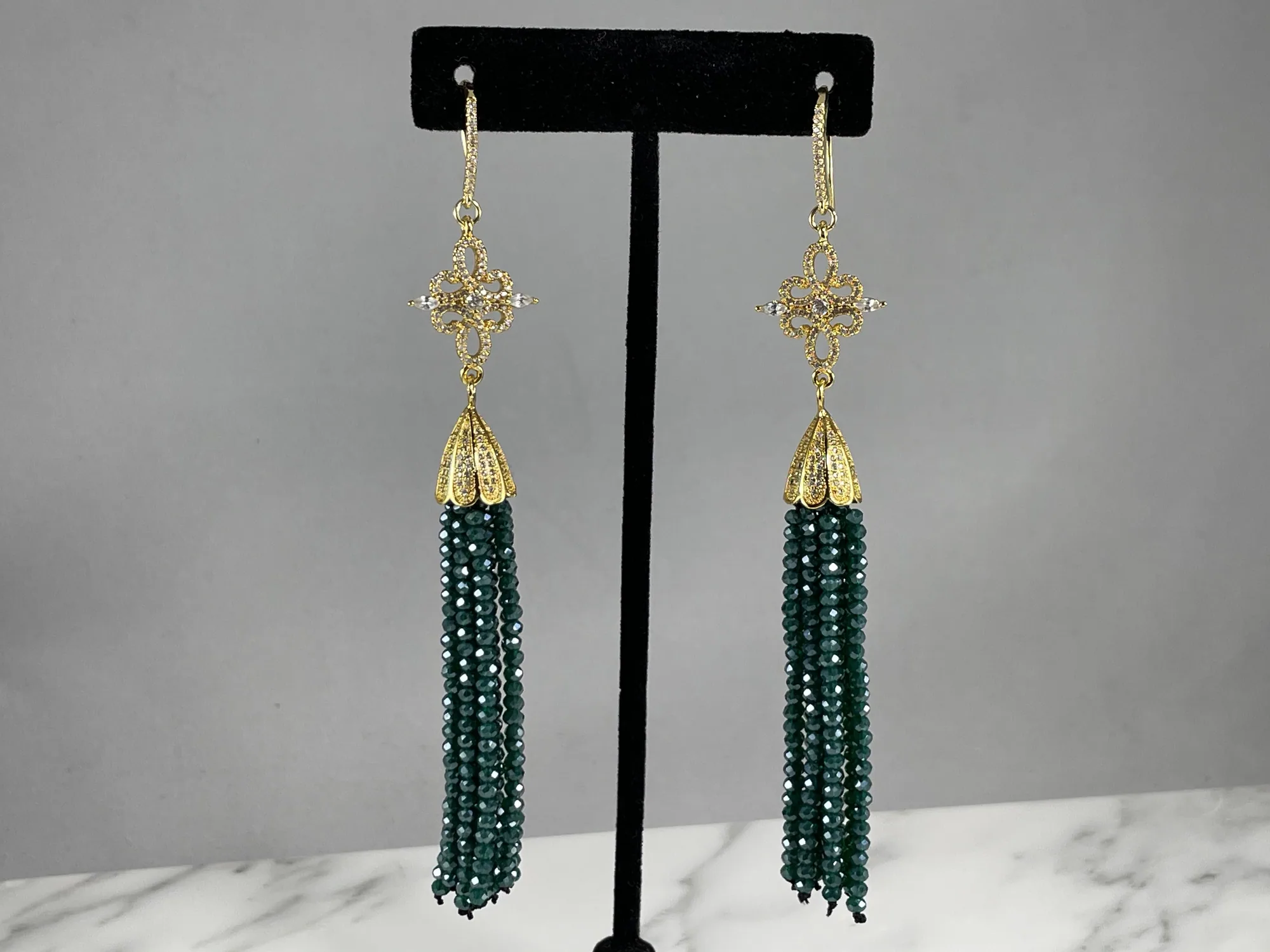 Teal Crystal Tassel Earrings