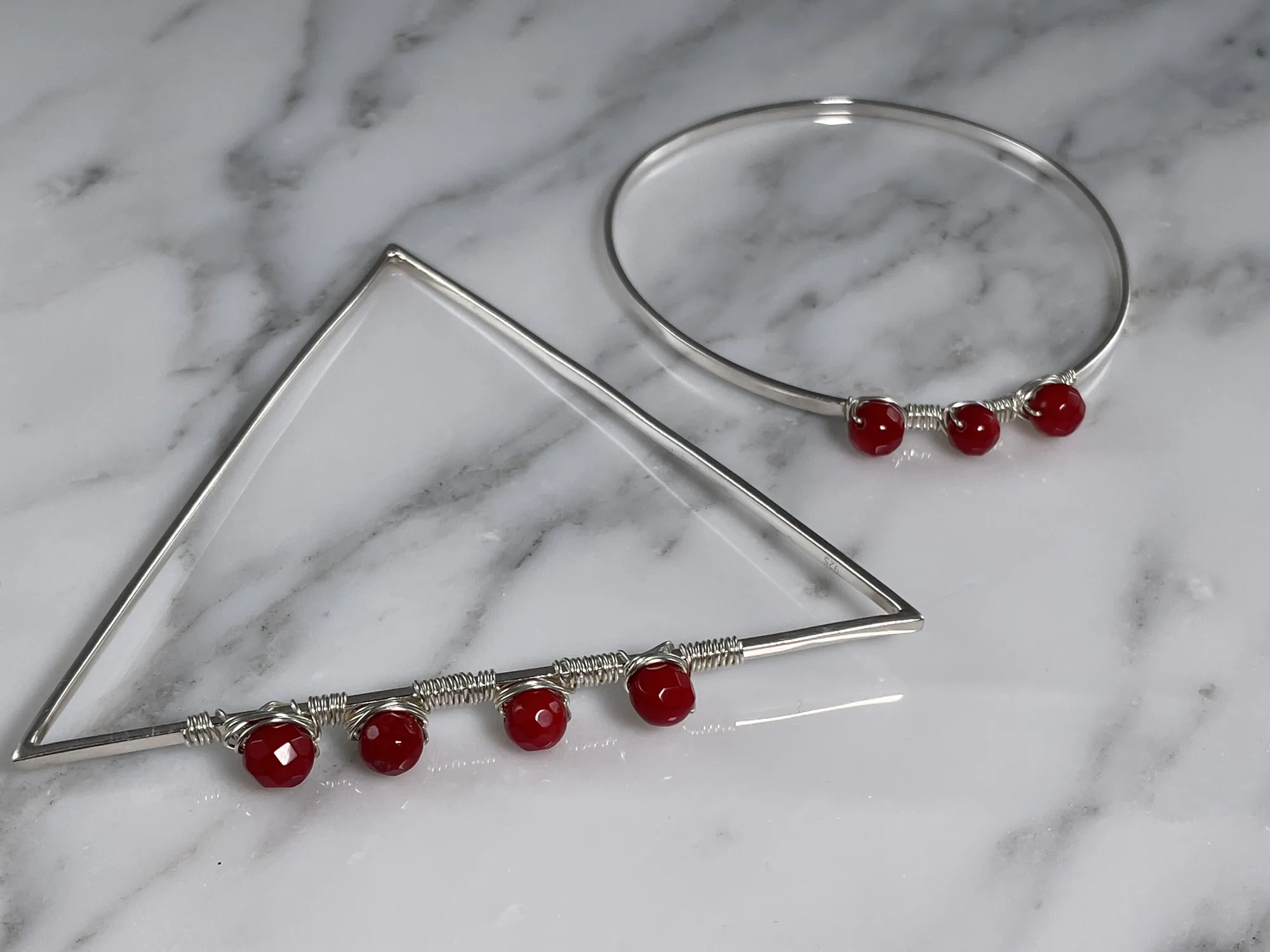 Sterling Silver and Red Coral Triangular Bangle Bracelet Set